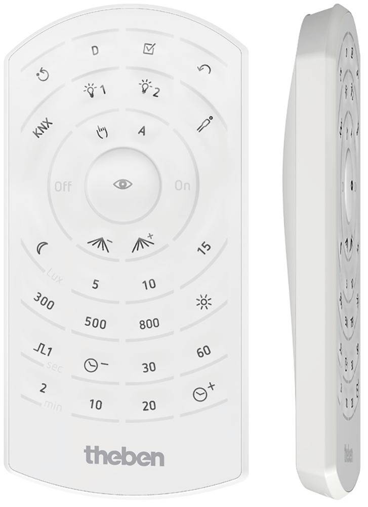 Télécommande de la marque Theben avec des touches permettant de contrôler les fonctions d'éclairage telles que Lux, secondes et minutes.
