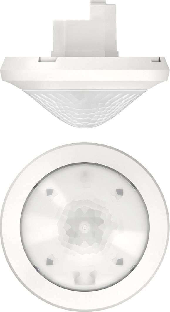 Un capteur de mouvement rond blanc au design à facettes, adapté à une installation au plafond. Présenté de côté et par en dessous.
