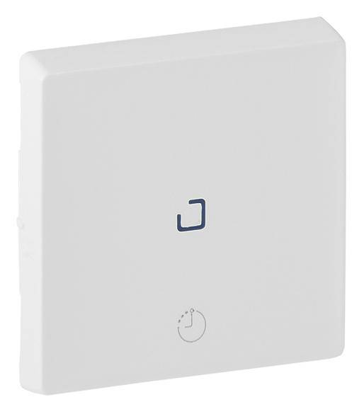 Un interrupteur intelligent blanc et carré, avec un symbole tactile central et un design minimaliste.