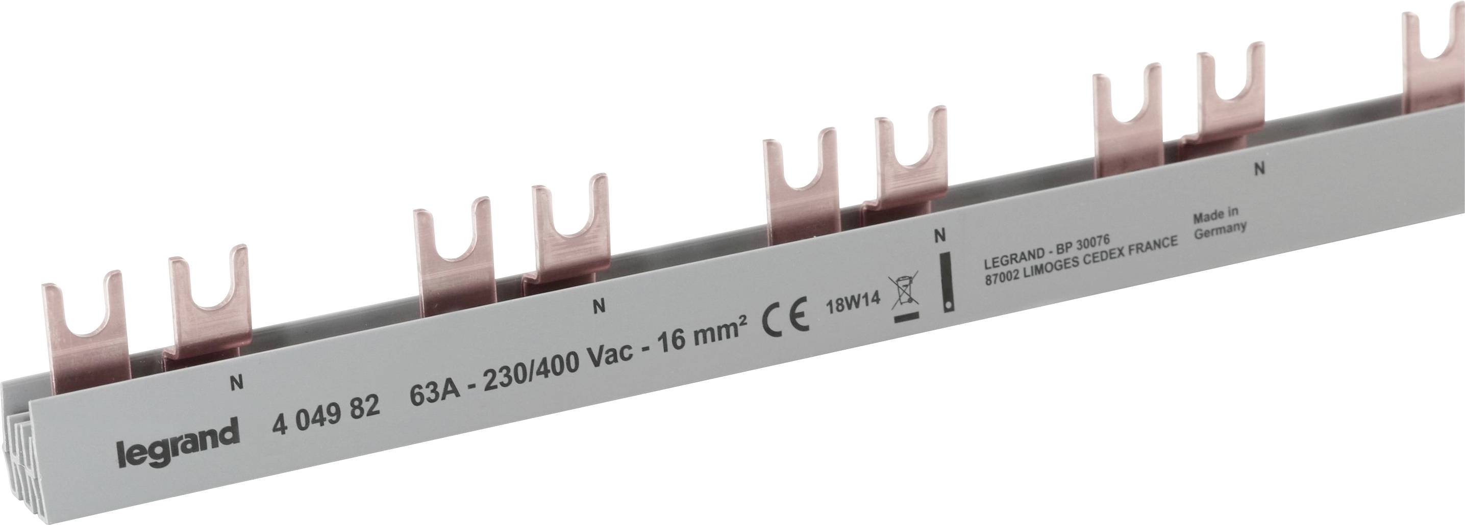Barre de distribution de Legrand pour installations électriques, 63A, 230/400V, 16 mm², avec plusieurs connexions cuivre.