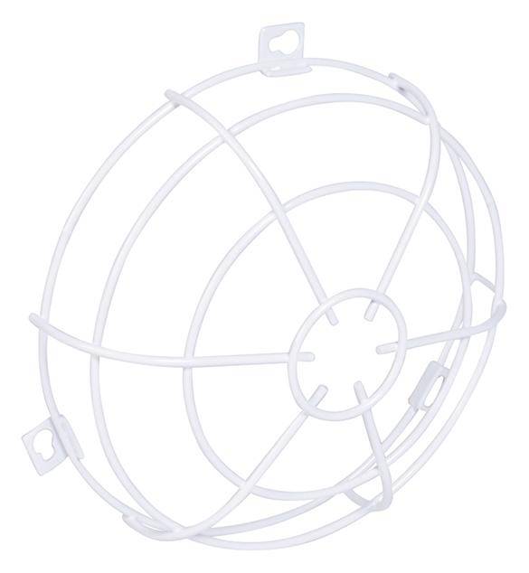 Une grille de protection blanche en fil métallique pour ventilateur, avec des motifs circulaires et des éléments de fixation sur le côté.