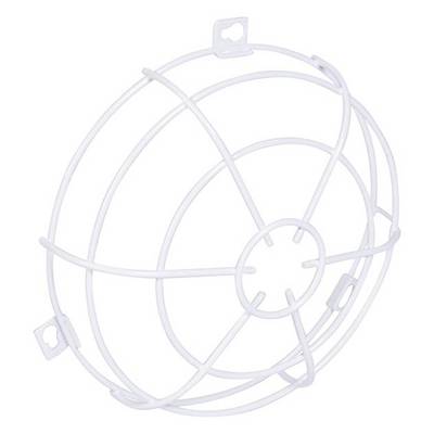 Une grille de protection blanche en fil métallique pour ventilateur, avec des motifs circulaires et des éléments de fixation sur le côté.