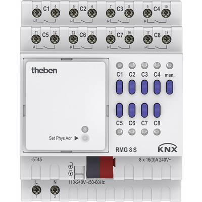 Un actionneur KNX de Theben, modèle RMG 8 S, avec huit canaux (C1-C8) et des touches de commande bleues pour une utilisation manuelle.