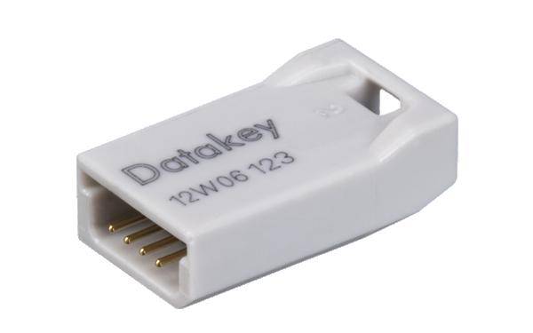Une clé de données blanche avec des contacts dorés et l'inscription 'Datakey 12W06123' sur le dessus, utilisée pour le stockage de données.