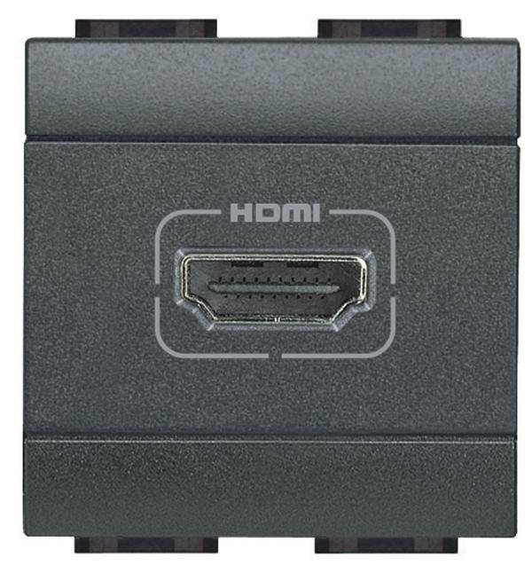 Une prise HDMI noire sur une surface grise, marquée du texte 'HDMI' en blanc au-dessus.