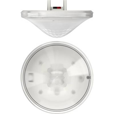Un détecteur de fumée circulaire montré de dessus et de côté, avec un design bombé et un capteur central.