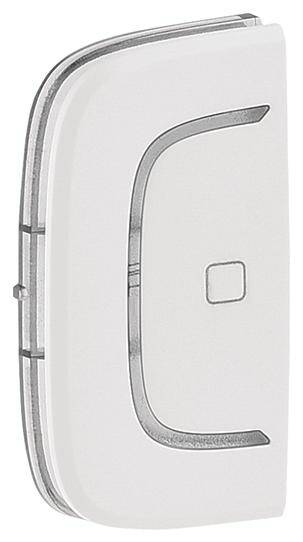 L'image montre un interrupteur blanc rectangulaire avec un bouton central et des coins arrondis.
