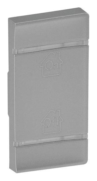 Un interrupteur gris rectangulaire avec deux symboles : en haut 'Marche' avec une maison, en bas 'Arrêt' avec une maison.