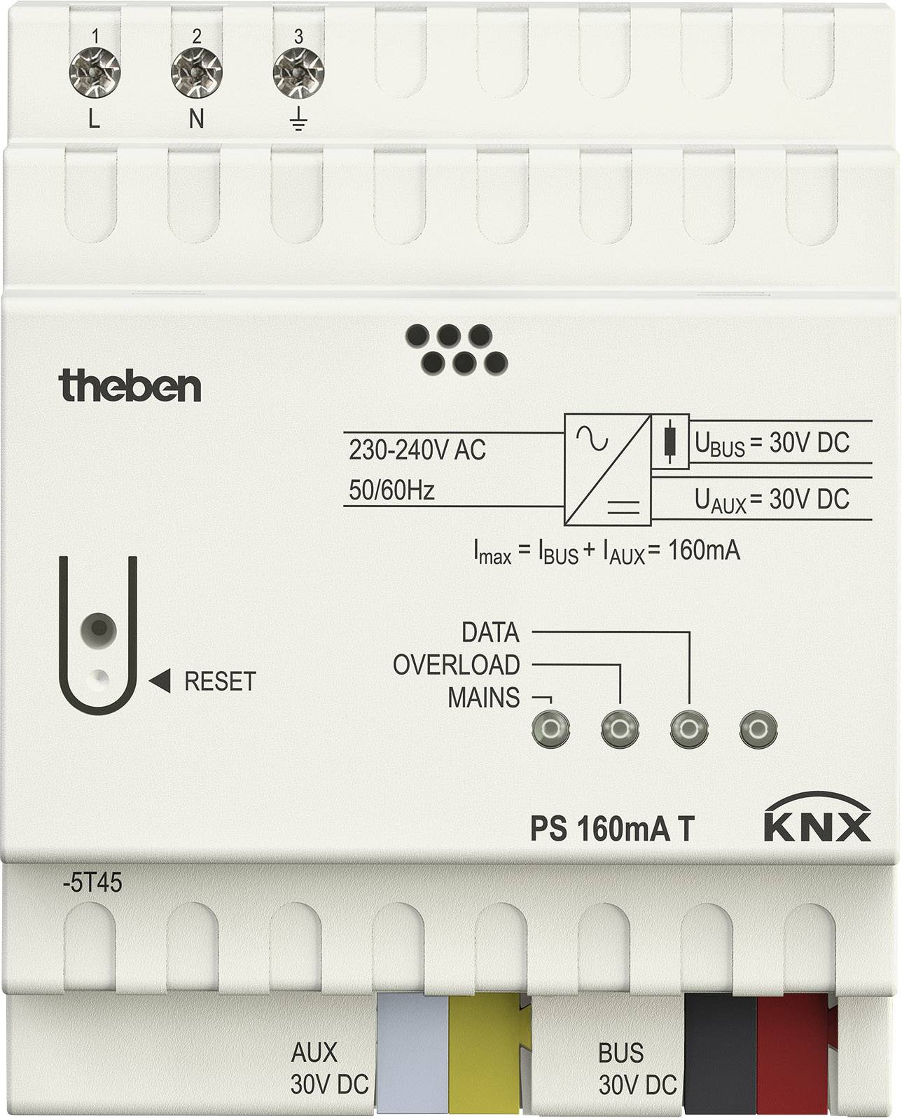 L'image montre un module d'alimentation KNX Theben PS 160mA T blanc avec les spécifications techniques suivantes : 230-240V AC, 50/60Hz.