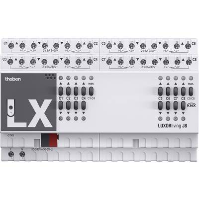 'Module J8 Theben LUXORliving avec étiquetage KNX, interrupteur et caractéristiques d'installation pour la domotique.'