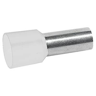 Un simple composant de embout de câble électrique, composé d'un corps isolant blanc et d'une partie métallique argentée.