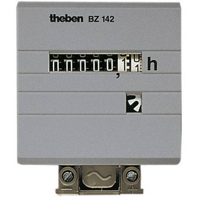 Compteur électrique portant l'inscription 'theben BZ 142', affichant les heures de fonctionnement. Boîtier argenté avec bornes de connexion en bas.
