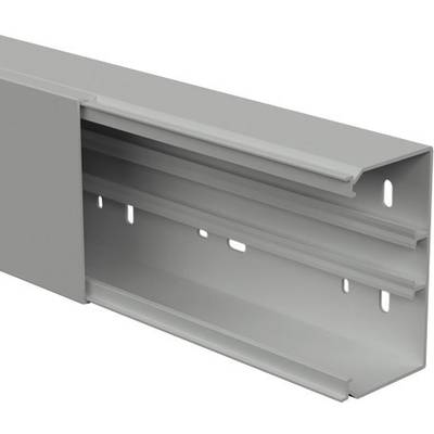 Canal de câbles métallique gris avec couvercle amovible, adapté à l'organisation et à la protection propres des câbles dans les environnements de bureau ou industriels.