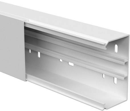 Un goulotte blanche en plastique, ouverte, révèle des compartiments intérieurs pour l'organisation des câbles. Adaptée pour des installations propres et organisées.