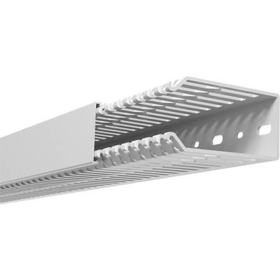 Canal de câbles gris en plastique avec couvercle amovible et découpes latérales pour la ventilation et le guidage des câbles.