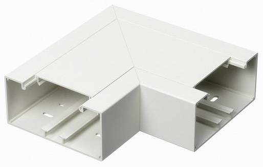 Un connecteur d'angle droit pour goulotte de câbles en plastique blanc, utilisé pour raccorder proprement les goulottes dans les coins.