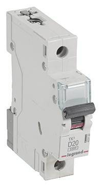 Un disjoncteur unipolaire 'TX3 D20' de Legrand en gris et blanc. Il est destiné à protéger les circuits électriques contre les surcharges.