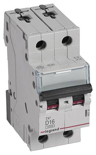 Un disjoncteur bipolaire Legrand, modèle TX3 D16, blanc, avec des interrupteurs rouges pour la protection électrique.