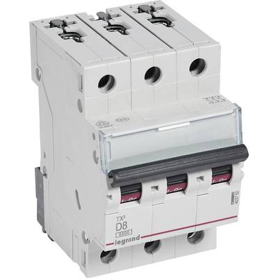 Un disjoncteur tripolaire avec l'inscription 'TX3 D8', adapté pour interrompre les circuits électriques.