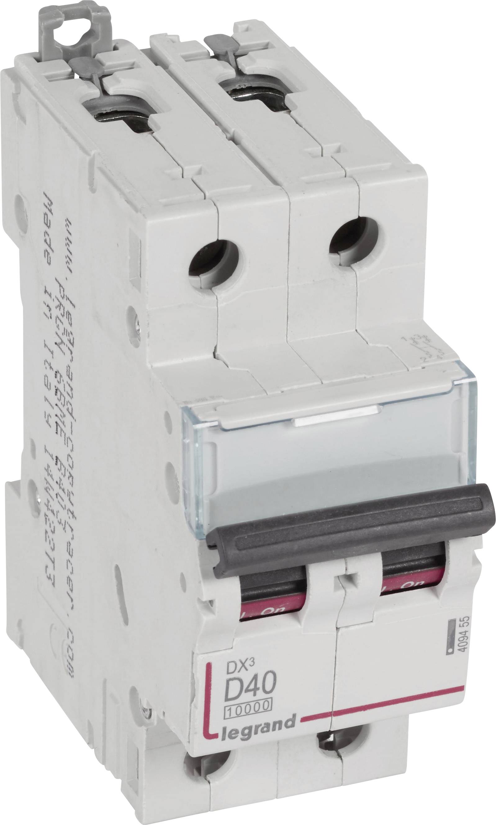 Disjoncteur Legrand DX3 D40 à deux interrupteurs, adapté pour 40 ampères. Boîtier en plastique, coloris gris et noir.