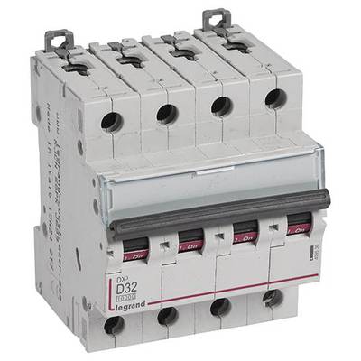 Un disjoncteur quadripolaire gris de type DX D32 de Legrand, avec boutons rouges.