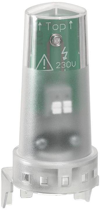 Petite lampe de signalisation verte et argentée pour 230V avec des symboles d'avertissement pour composants électriques.
