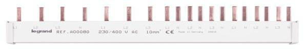 'Legrand 427.400' Barre de distribution, 230/400 V CA, 16 modules, 10 mm², avec marquage CE. Design principalement blanc avec des bornes de connexion rouges.