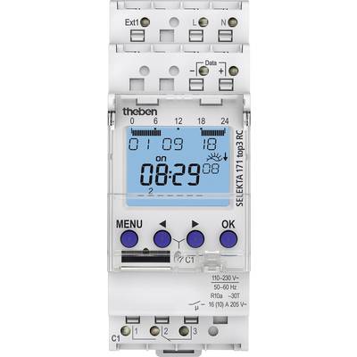 Horloge électronique programmable avec affichage LCD indiquant numériquement '00:29'. Touches 'Menu' et 'OK' en dessous, connexions en haut et en bas.