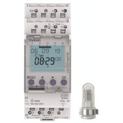 Un module d'horloge temporisée avec affichage numérique indique '08:29'. Il dispose de plusieurs touches et connexions. Une ampoule est posée à côté.