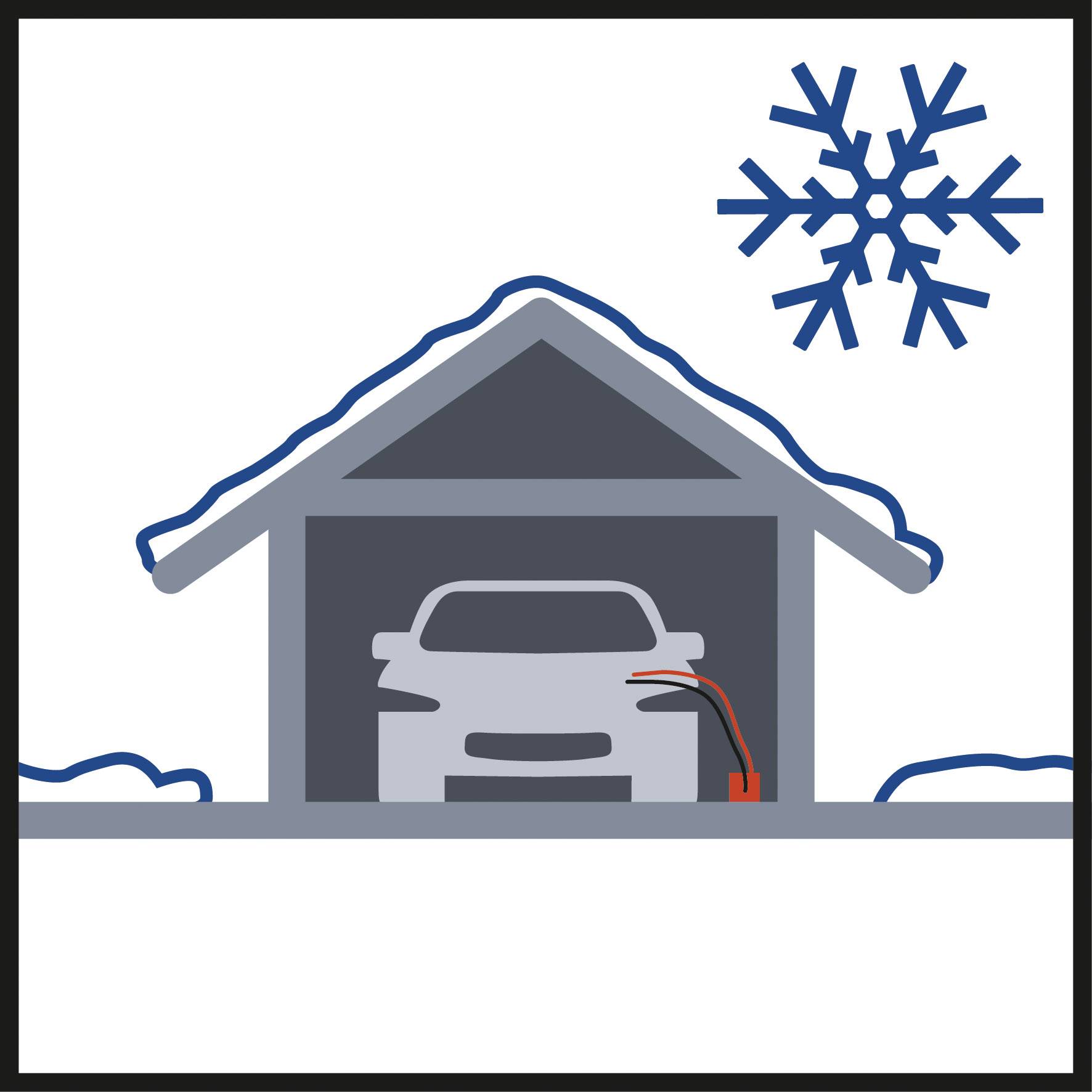 Une voiture dans un garage avec un chargeur électrique branché. Un symbole de flocon de neige en haut à droite indique des conditions hivernales.