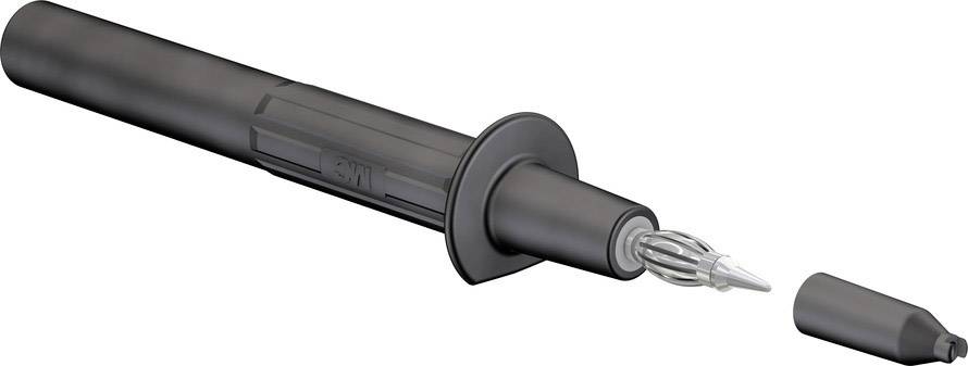 Un clip de test noir avec capuchon de protection, adapté aux mesures électroniques et aux connexions dans les circuits.