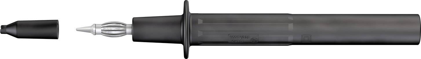 Stylo noir avec capuchon retiré montrant la pointe métallique.