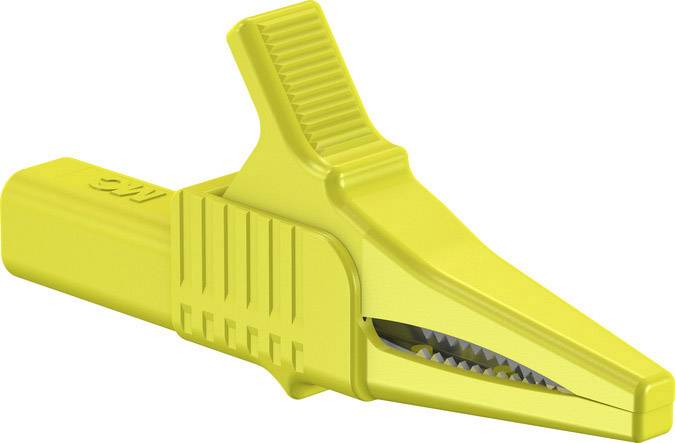 Une pince crocodile jaune avec des mâchoires dentelées et une poignée striée, utilisée pour connecter en toute sécurité des câbles électriques.