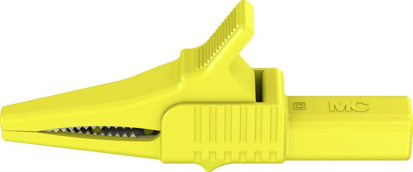 Pince crocodile jaune à surface striée et mâchoire dentelée, adaptée aux applications électriques pour la fixation sécurisée des câbles.