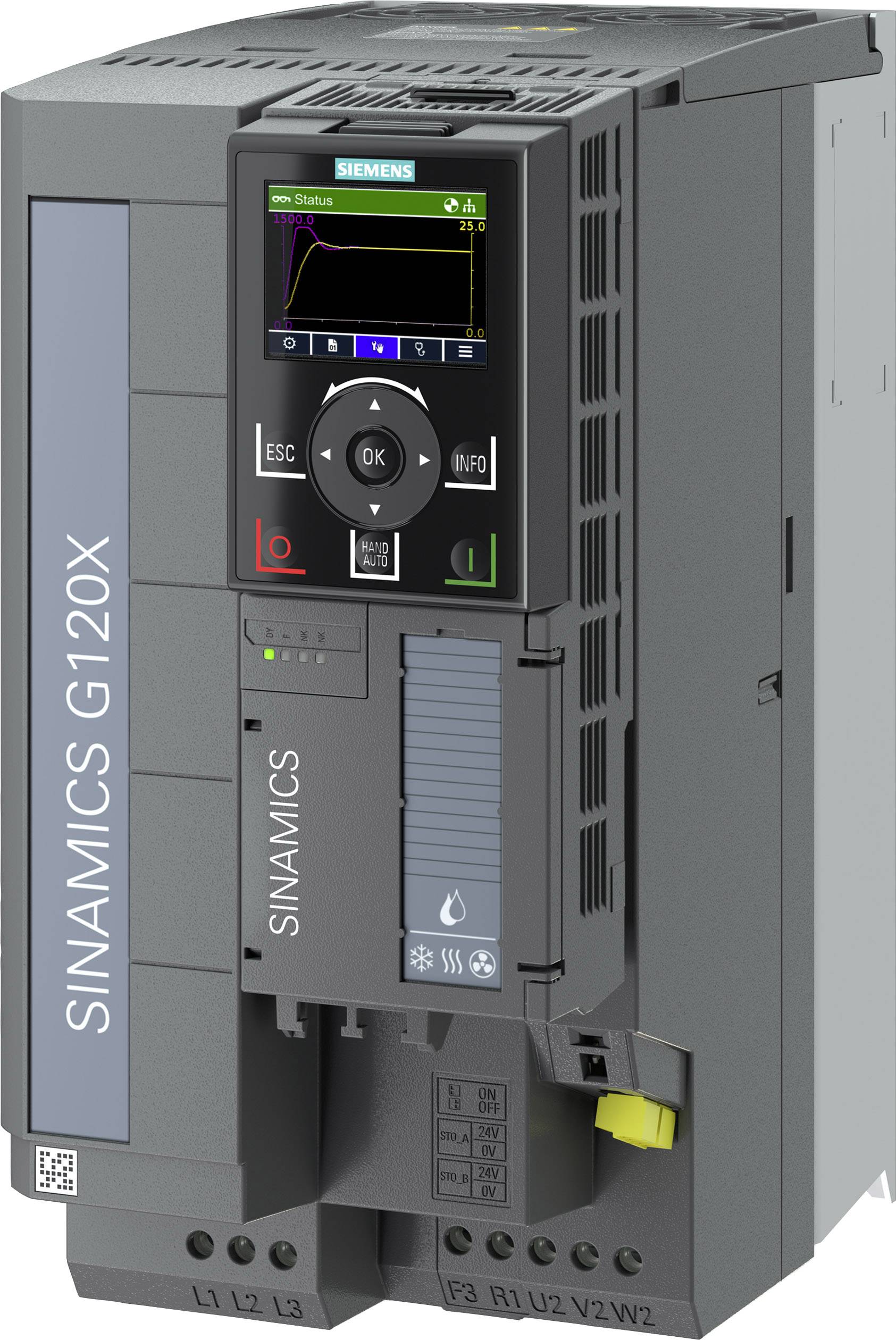 Un convertisseur de fréquence Siemens portant l'inscription 'SINAMICS' sur sa façade, adapté aux applications industrielles.