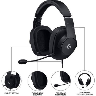 Casque de gaming noir avec microphone, pilotes Pro-G, isolation passive du bruit et construction légère et robuste.