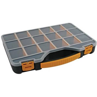 Petit organisateur avec 15 compartiments, couvercle gris et poignée orange, idéal pour le rangement de petits objets.