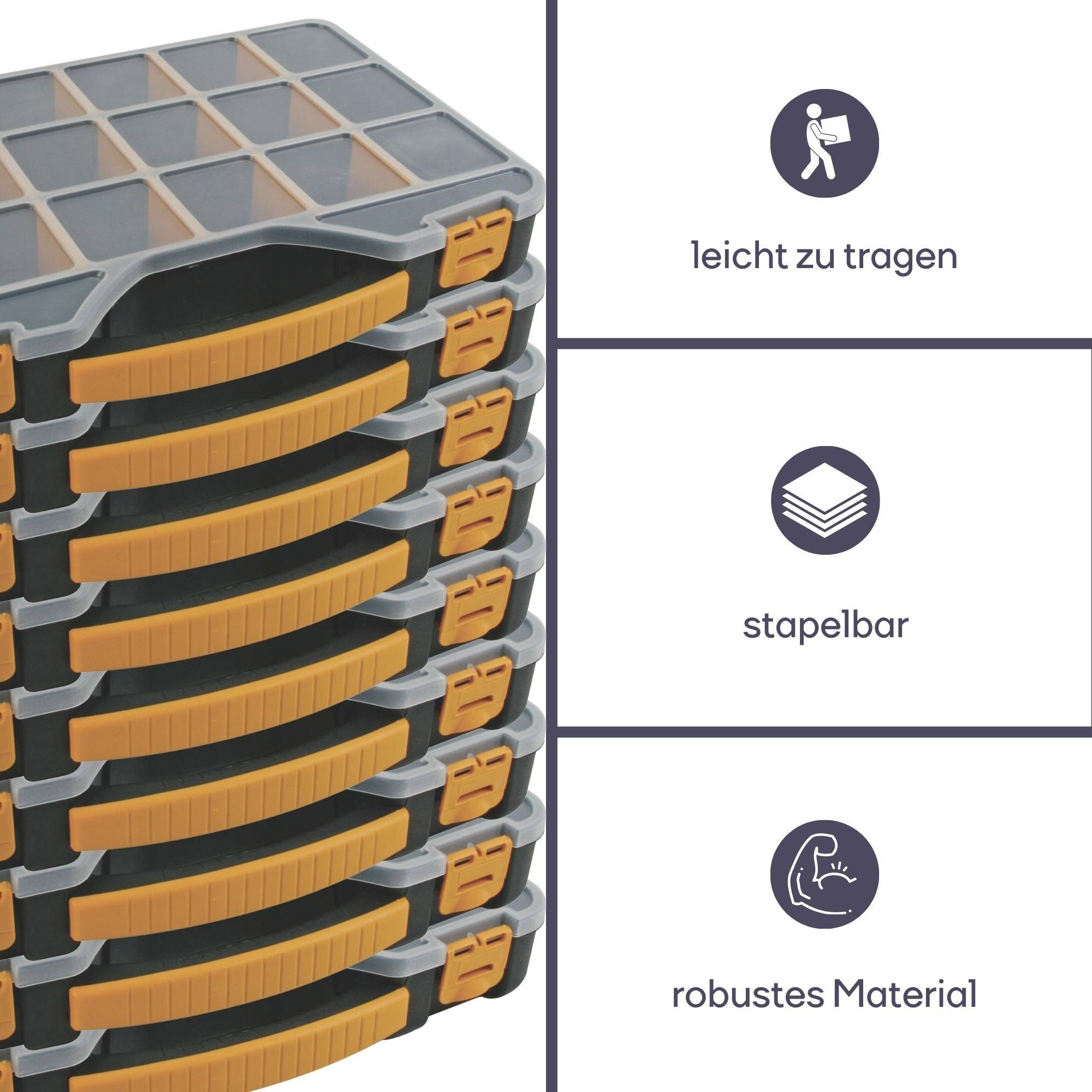 Une pile de six boîtes de rangement empilables avec des détails gris et orange. À droite, des symboles avec les textes : 'facile à porter', 'empilable', 'matériau robuste'.