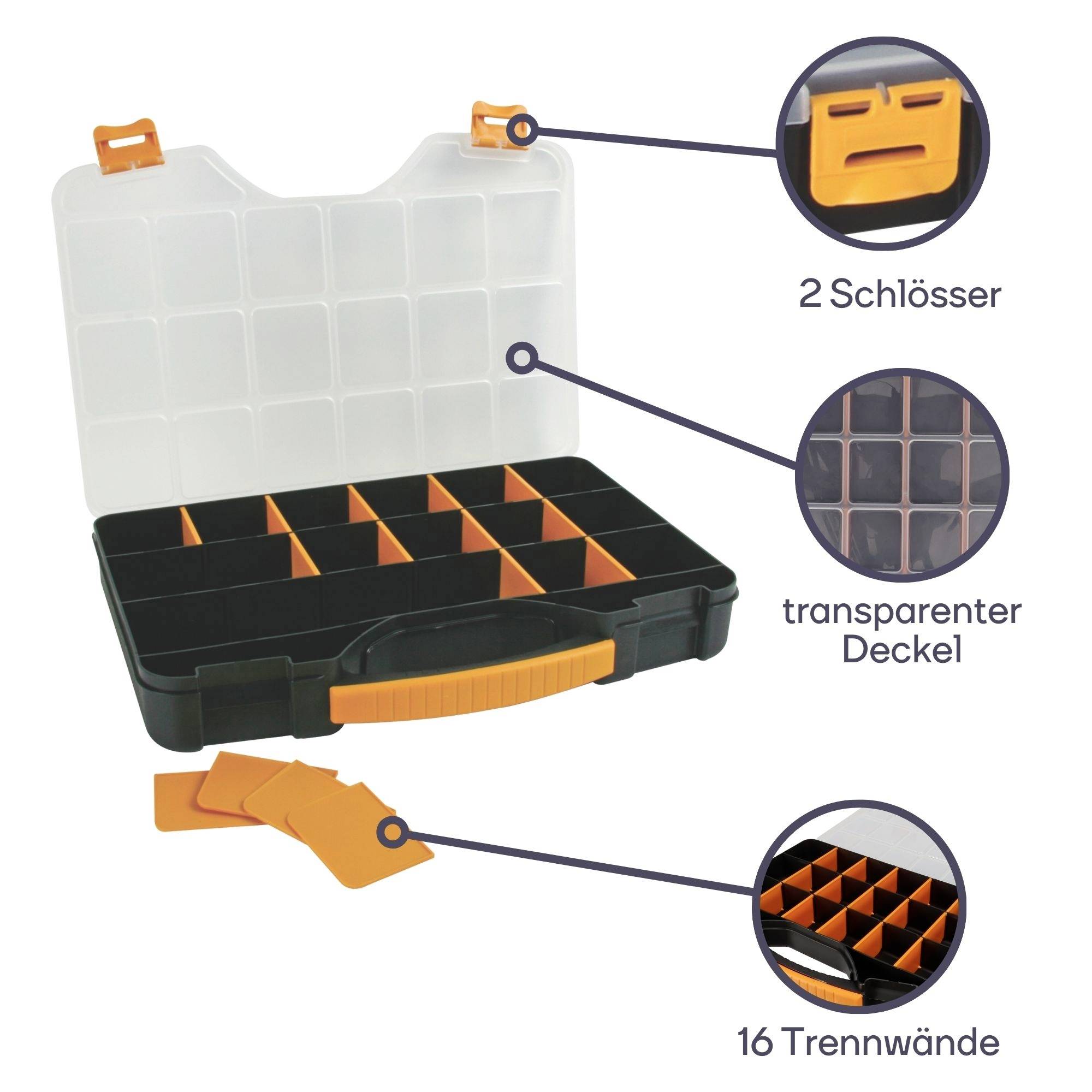Boîte à outils transparente avec couvercle, 16 compartiments et deux cadenas orange pour un rangement sécurisé.