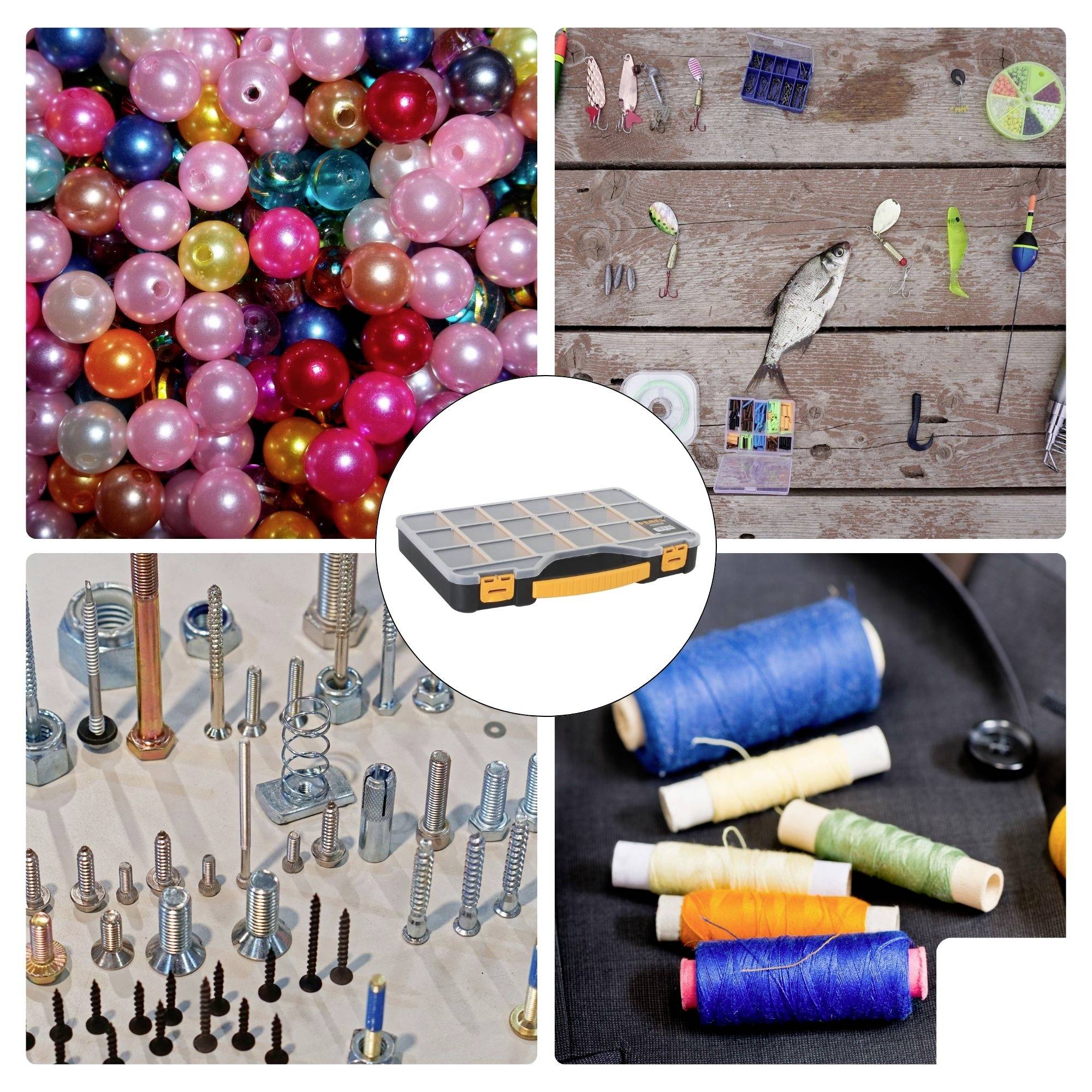 'Collage de perles colorées, d'accessoires de pêche, de vis, de plumes et de bobines de fil pour représenter des thèmes artisanaux et liés aux outils manuels.'