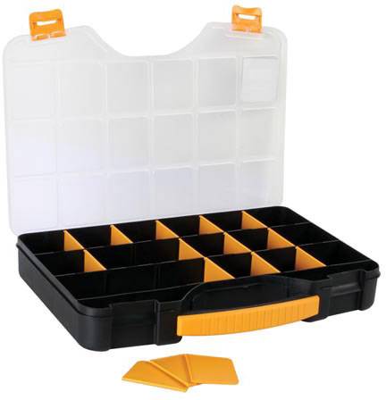 Boîte de rangement noire avec couvercle transparent ouvert, contenant des compartiments avec des séparateurs oranges, deux cloisons amovibles à l'avant.