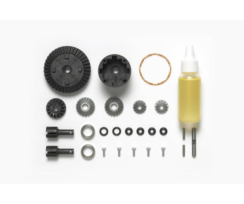 'Ensemble de roues dentées, de joints et d'huile pour l'assemblage d'une maquette de voiture.'