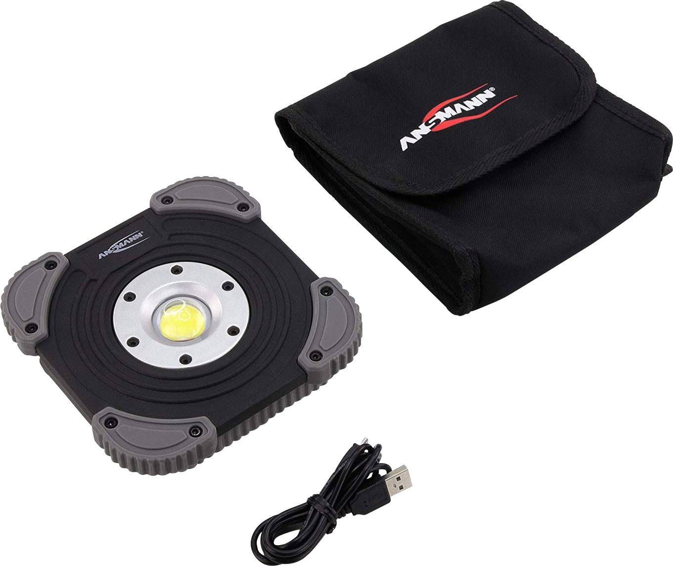 Lampe de travail LED avec quatre coins en caoutchouc, câble USB et sacoche noire. Idéale pour les déplacements ou le travail dans l'obscurité.