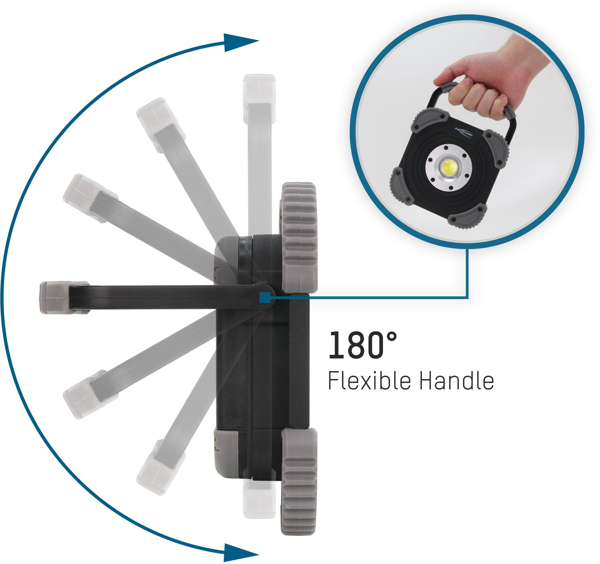Lampe portable avec poignée pivotante à 180°, montrant l'amplitude de mouvement de la poignée. Une main tient la lampe pour démontrer sa flexibilité.