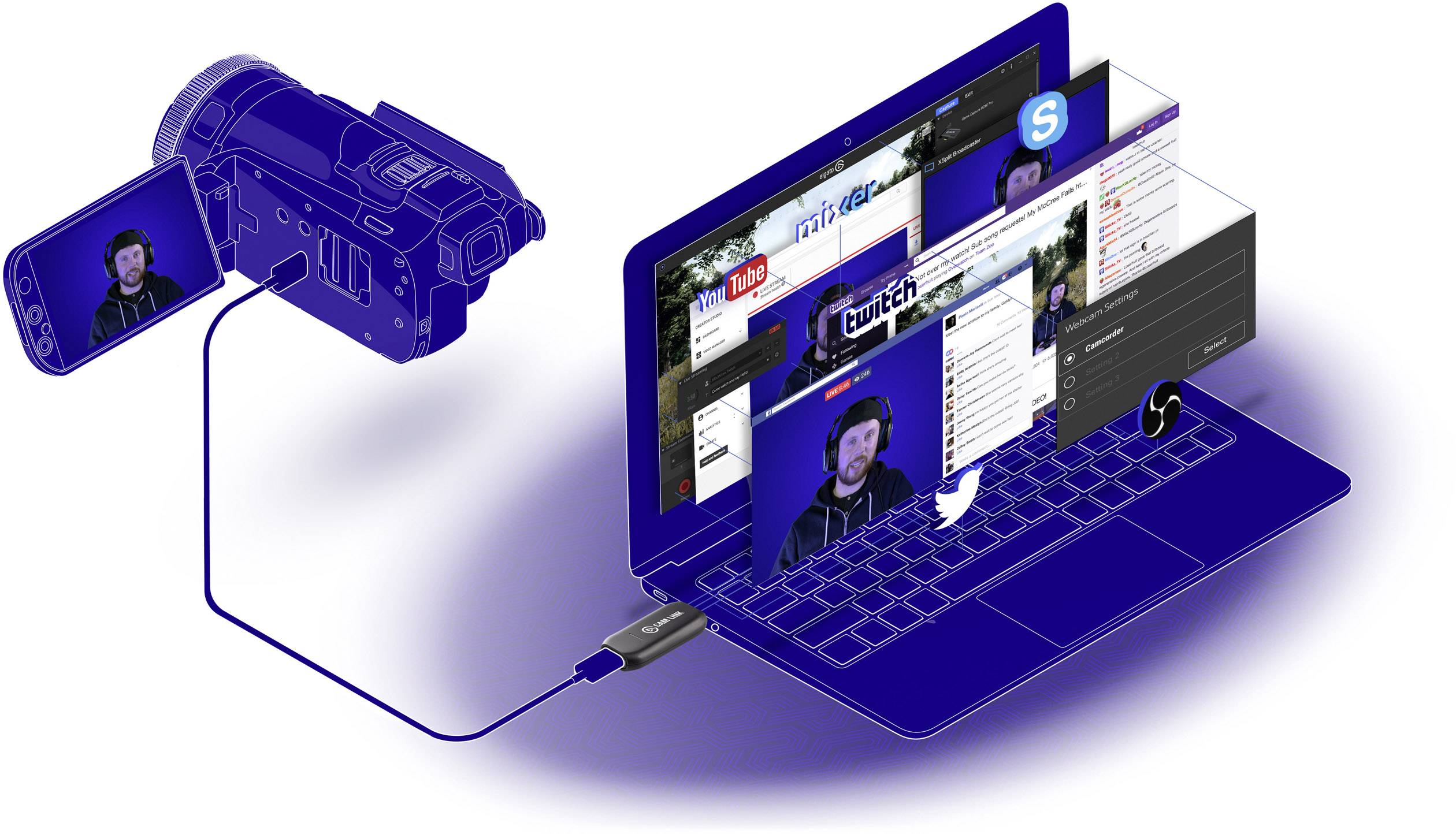 'Illustration d'un ordinateur portable avec des applications de streaming et de médias sociaux ouvertes, connecté à une caméra vidéo via un câble.'