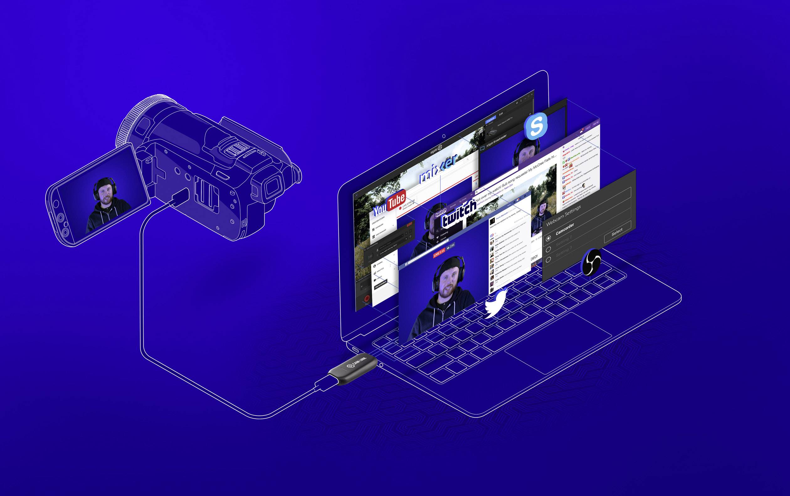 Un ordinateur portable affiche plusieurs plateformes de médias sociaux ouvertes comme YouTube et Twitch. Une caméra est branchée à l'ordinateur portable.