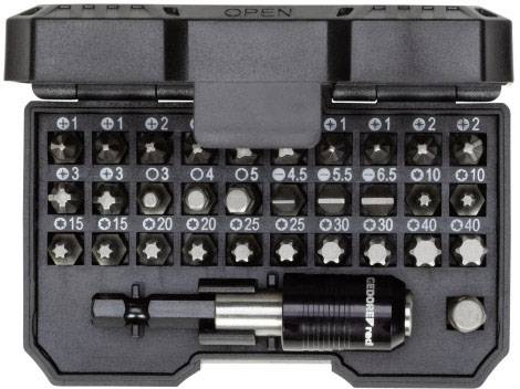 Ensemble de bits avec 31 bits différents et un adaptateur de tournevis dans un boîtier noir robuste et ouvert.