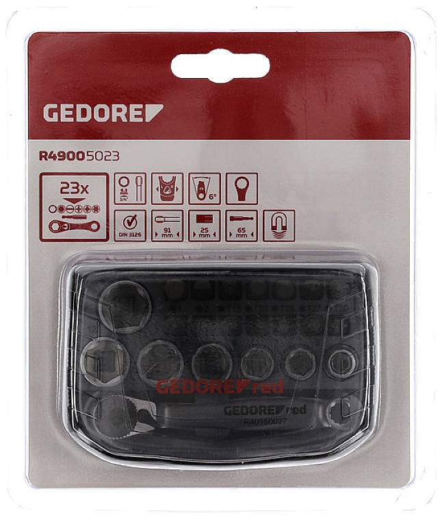 Une boîte à outils Gedore, modèle R49005023, contient 23 pièces telles que des clés et des douilles, présentées dans un emballage blister.