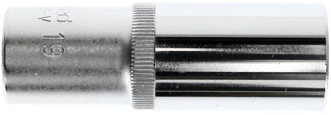 'Écrou à douille en métal, 19 mm, forme cylindrique, bord cannelé pour une meilleure prise.'