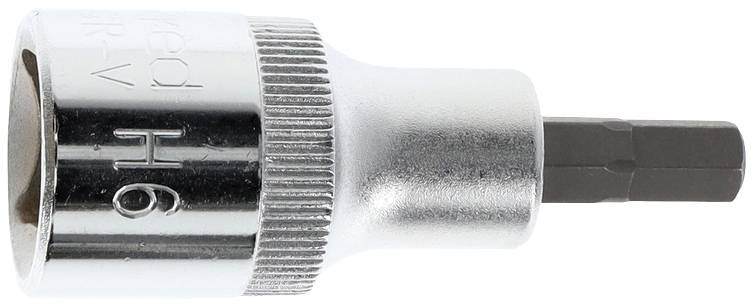 Clé à douille hexagonale, monture argentée, embout sombre, taille H6 gravée, adaptée aux travaux de vissage.